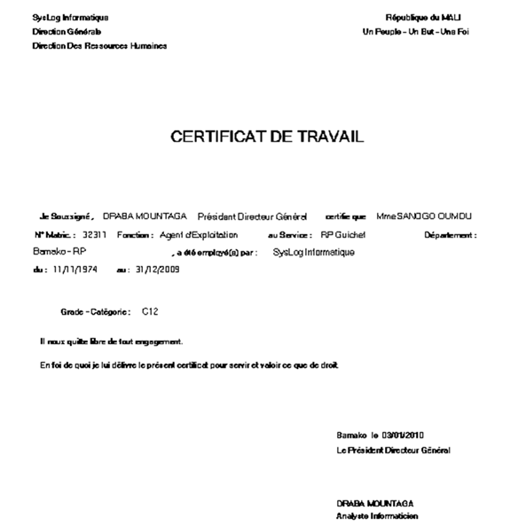 Certif Travail